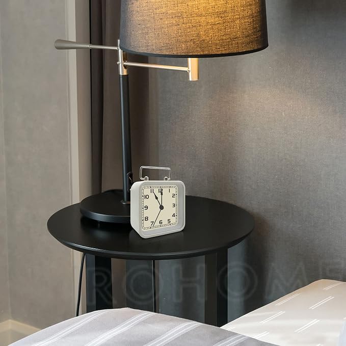 Rohome Small Alarm Clock, Retro Silent Quartz Movement with Night Light, Decorative Vintage Non Ticking Clock for Living Room, Office, Desk, Bedroom, Bedside, Hotel, Shelf, Nightstand (White)
