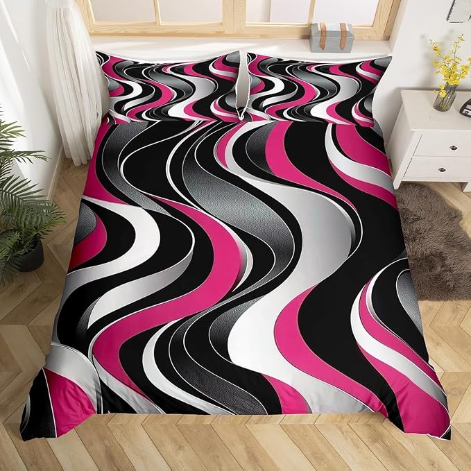Erosebridal Geometric Wavy Lines Duvet Cover Twin for Kids Boys Girls,Minimalist Abstract Art Comforter Cover,Modern Aesthetic Bedding Set,Pink Grey Black Bed Set with 1 Pillowcase Bedroom Decor