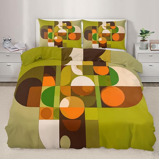 Mid Century Modern Duvet Cover Queen Size, Vintage Colorful Geometric Bedding Set 3 Piece, Multicolor Geometric Patterned Comforter Cover with Zipper Soft Microfiber, 2 Pillowcases