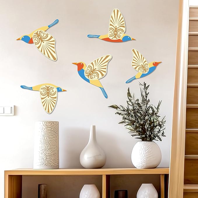 KOYILTD 5 Piece Bird Wood Wall Sculptures Wooden Wall Art Decor Scandinavian Home Decorations Flying Bird Wall Decor Farmhouse Wall Art for Home Living Room Bathroom Dining Room (Multicolor)