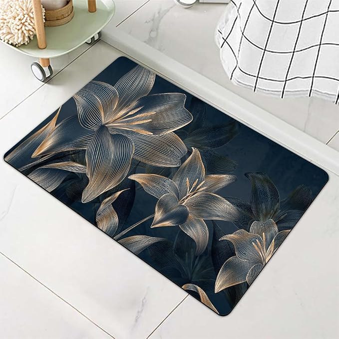 Diatomaceous Earth Bath Mat,Abstract Dark Flowers in Golden line Non-Slip Volume Super Absorbent Fast Drying for Bathroom Kitchen mat,Eco-Friendly Easy to Clean 20×31Inch (50 * 80cm)