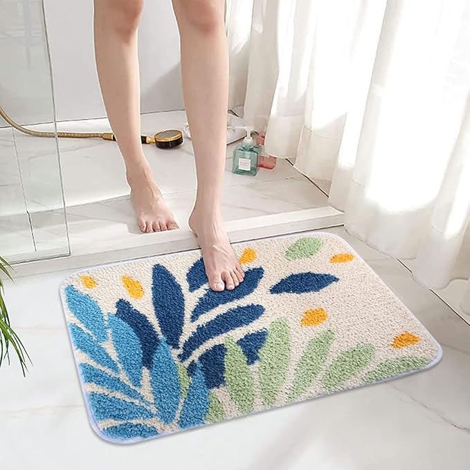 Hi Space Bathroom Rugs 24x16IN Blue Leaves Bath Mat for Bathroom Non Slip Machine Washable Soft Microfiber Absorbent Cute Bath Rug Plush for Tub Shower Sink Fluffy Home Decor Accessories