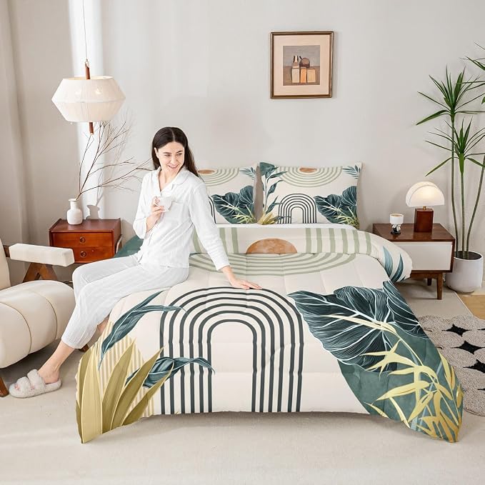 Erosebridal Mid Century Modern Toddler Comforter Set Boho Tropical Leaves Palm Leaf Bedding Set Retro Geometric Line Art Comforter for Kids Boys Girls Abstract Sun Aesthetic Arch Curve Quilt Duvet