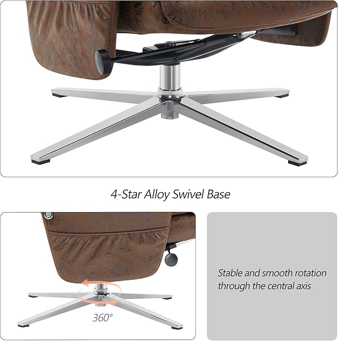 MCombo Swivel Recliner with Ottoman, Modern Heavy-Duty Aluminum Base, Faux Leather Lounge Chair for Small Space, Living Room, or Office 4603 (Brown)