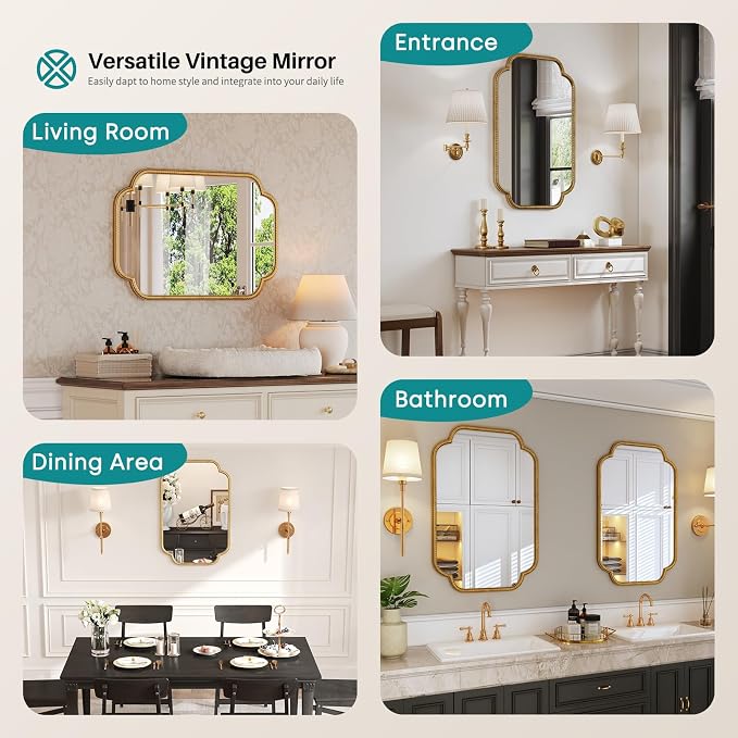 Vintage Gold Wall Decor Mirror - 24"x36" Large Gold Antique Mirror with Rounded Corner Rope-Like Frame, Wall Decorative Mirrors Accent for Living Room, Bedroom, Fireplace, Bathroom