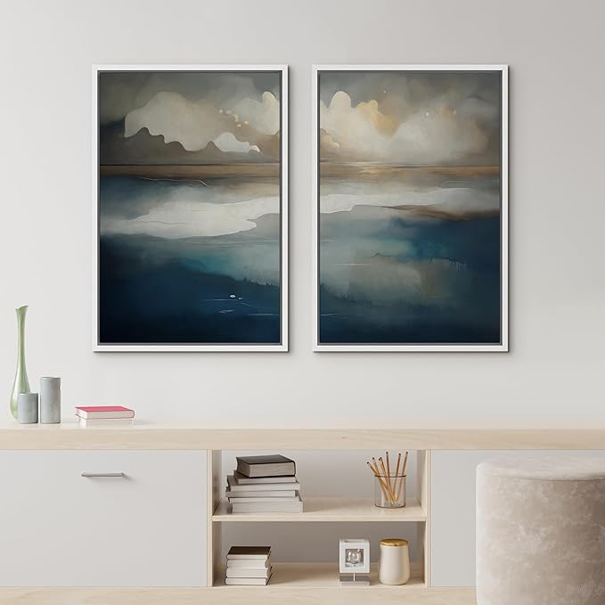 IDEA4WALL Framed Canvas Print Wall Art Set Ocean Cloudscape Blue and Beige Abstract Seascape Illustrations Modern Art Decorative Bohemian Calm/Zen for Living Room, Bedroom, Office - 16"x24"x2 White