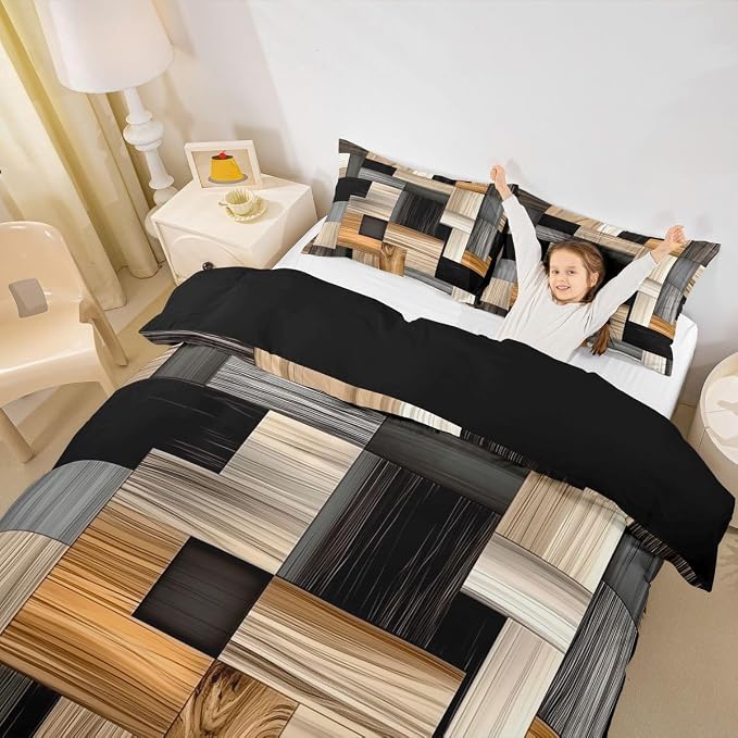 Erosebridal Wood Grain Comforter Cover Twin Splicing Plaid Grid Duvet Cover for Kids Teens Stylish Tartan Geometric Bedding Set Modern Orange Grey White Checkered Bed Set with Zipper