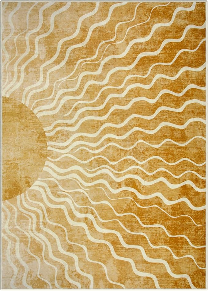 Wonnitar Sun 5x7 Area Rug, Boho Ombre Yellow Bedroom Rug Machine Washable Carpet, Ultra Thin Soft Non Slip Mid Century Nursery Carpet for Kids Room Living Room Playroom Classroom Decor