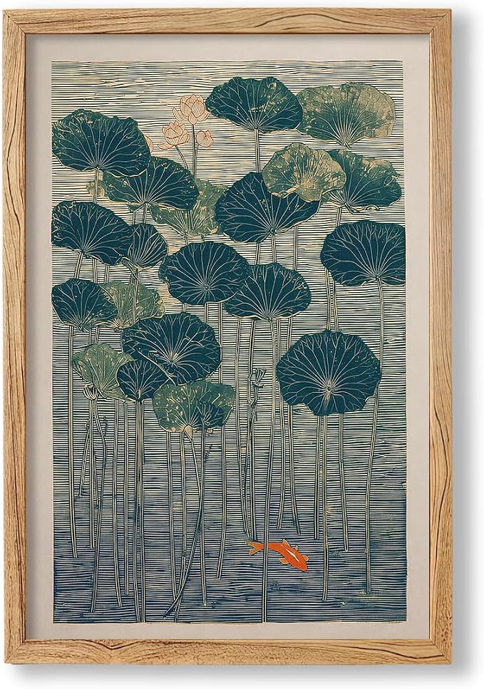 Framed Lotus And Koi Canvas Poster Japanese Floral Botanical Pond Wall Art Retro Oriental Asian Prints Decor for Bedroom Zen Meditation Room Home 24x36 inch
