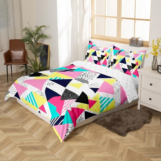 80s 90S Fashion Style Bedding Set Queen Size,Retro Memphis Style Pattern with Geometrical Shapes Duvet Cover for Kids Child,Funky Hipster Old Fashioned Comforter Cover Geometric Bedroom Decor