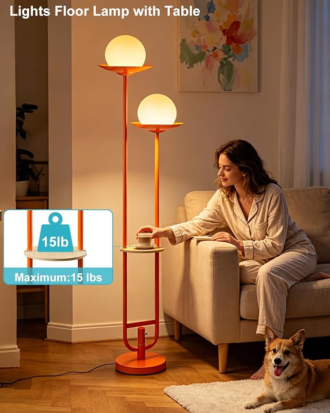 Orange Dimmable Double Globe Floor Lamp with Shelf, 63" 2-Light Mid Century Modern Standing Lamp for Living Room Bedroom, 3000K Warm White Tall Pole Lamp with Foot Switch for Home Office