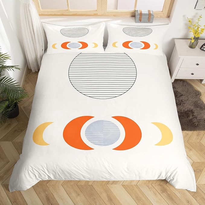 Erosebridal Mid Century Bed Set Abstract Moon Duvet Cover, Striped Bedding Set Twin White Aesthetic Comforter Cover, Retro Minimalism Bed Cover Modern Art Bedroom Decor Ultra Soft 2pcs