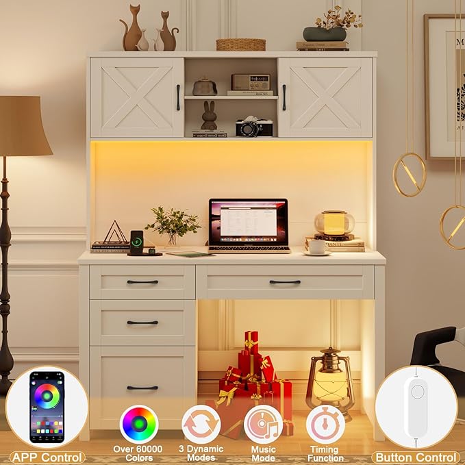Vabches Farmhouse 67" H Executive Desk with Hutch,Office Desk with 4 Drawers and LED Light, Wood Workstation for Home Office and Study, Computer Desk with File Drawers, Charging Station.Cream White