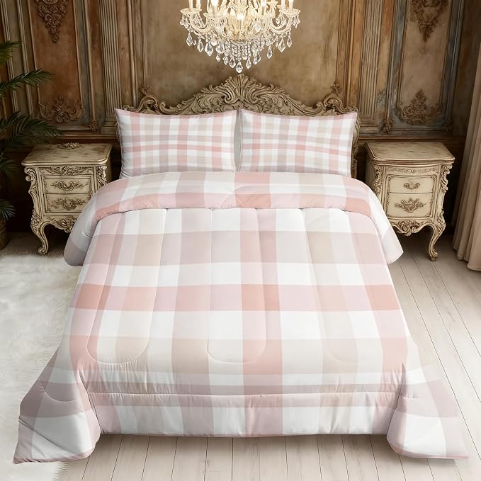 Pink Checkered King Size Comforter Sets 3 Piece, Buffalo Check Printed Pattern, Soft All Season Bed Comforter & 2 Pillow Sham, Farmhouse Plaid Bedroom Decor Reversible Bedding D-GM5