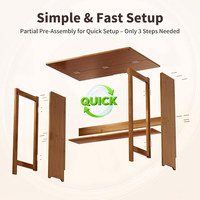 Bamboo Foldable Desk, Folding Desks for Small Spaces, Mid Century Small Computer Desk with Bookshelf for Bedroom Home Office, Brown