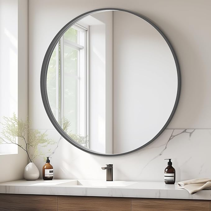 HOMECOOKIN Round Wood Mirror, 31" Round Bathroom Wall Mirror Circle Mirrors for Wall Decor, Vanity, Living Room, Bedroom, Entryway, Black