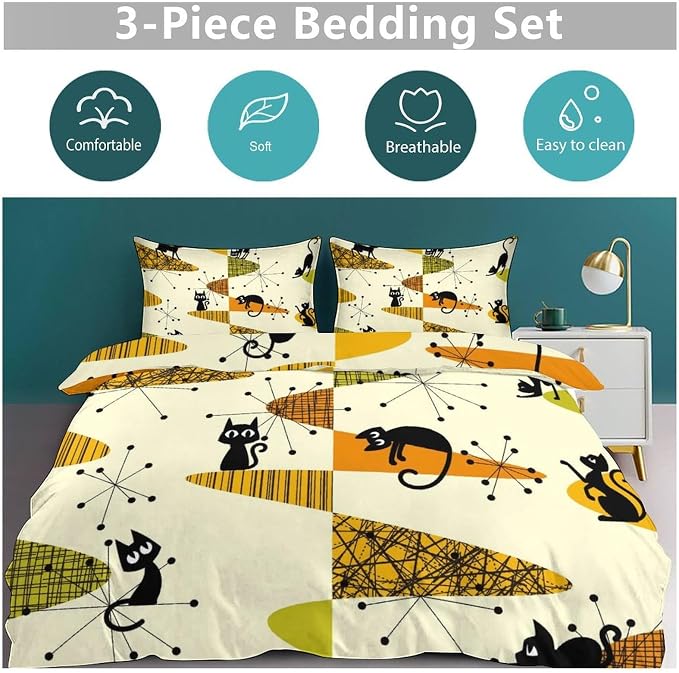 Geometry Modern Comforter Set,Mid Century Black Cat Abstract Atomic Geometric Vintage 1950s 1960s Pattern Print Yellow Bedding Set with Pillowcase for Bedroom Bed Decor,King 102"x90"