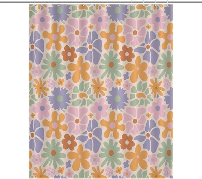 Mid Century Colorful Floral Shower Curtain, Boho Abstract Vintage Retro Orange Flower Botanical Aesthetic Washable Waterproof Fabric for Bathroom Decor Bathtub with 12 Hooks 55x72in（140x183cm）