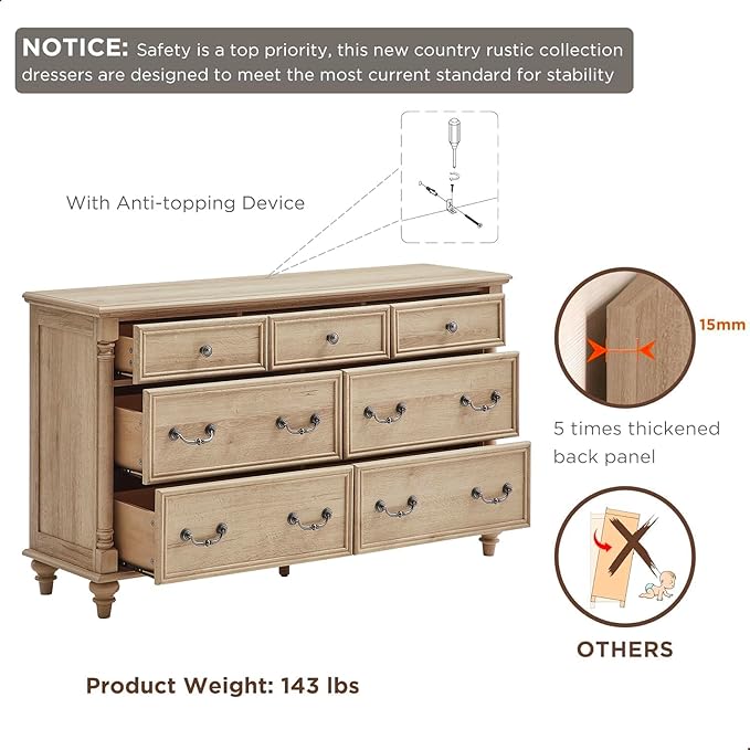 T4TREAM Farmhouse 7 Drawers Dresser Chests for Bedroom with 4 Solid Wood Feet, Tall Wide Wood Country Rustic Chest of Drawers, Storage Dressers for Bedroom, Living Room,Natural Oak
