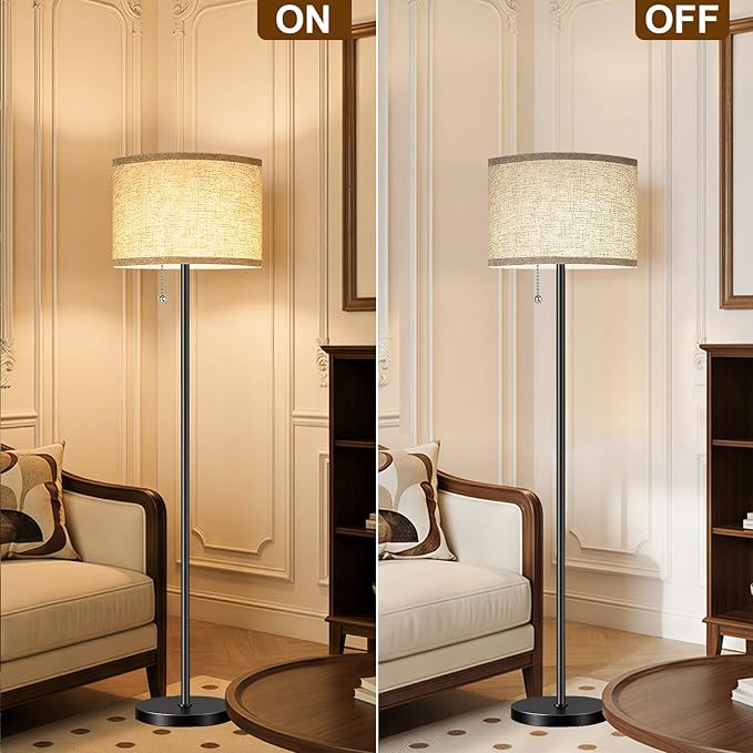 Floor Lamp, Floor Lamps for Living Room 3 Color Temperature Standing Lamp with Pull Chain Switch, Black Floor Lamp with Lampshade, Modern Tall Light for Bedroom Office(9W Bulb Included)