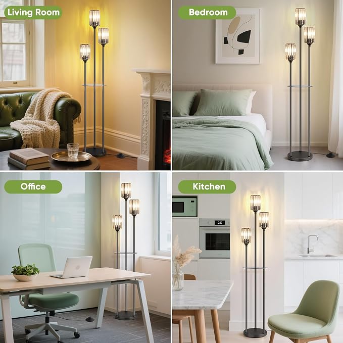 Crystal Floor Lamp for Living Room with Shelves, Industrial Modern Standing Black Lamp with Table for Bedroom, Glass Vintage Unique Tall 3-Lights Fancy Lamp with ON/Off Foot Switch Gold