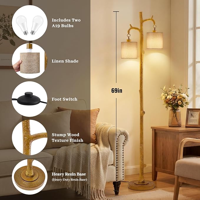 EJIAXIN Farmhouse Floor Lamp for Living Room - 69" Rustic Tree Trunk Standing Lamps - Country Resin Tall Lamp with 2 Reading Light - Tree Floor Lamp for Bedroom Office Home Decor (Ginger)