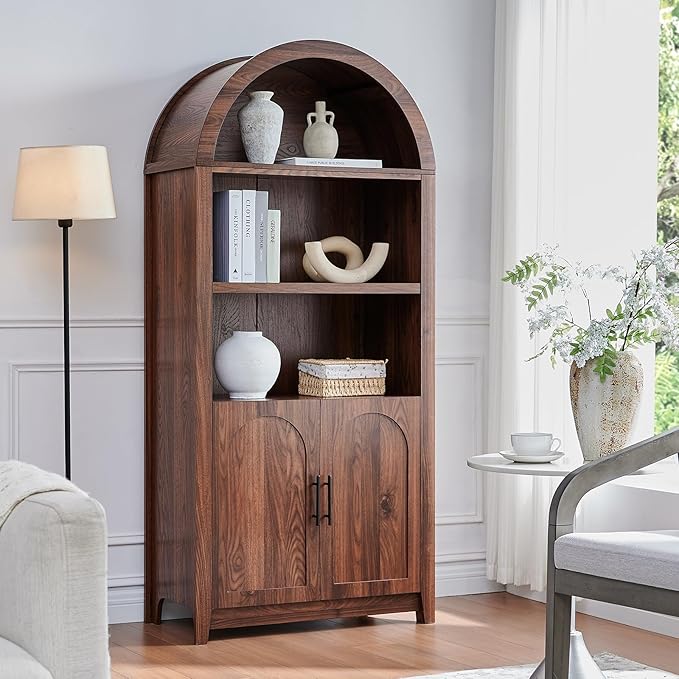 RowyPoey Rattan Arched Cabinet Bookshelf - 69.3” Tall Mid Century Display Cabinet, Rounded Bookcase with Rattan Doors, Open Shelf Storage for Dining Room (Walnut, 2 PCS)