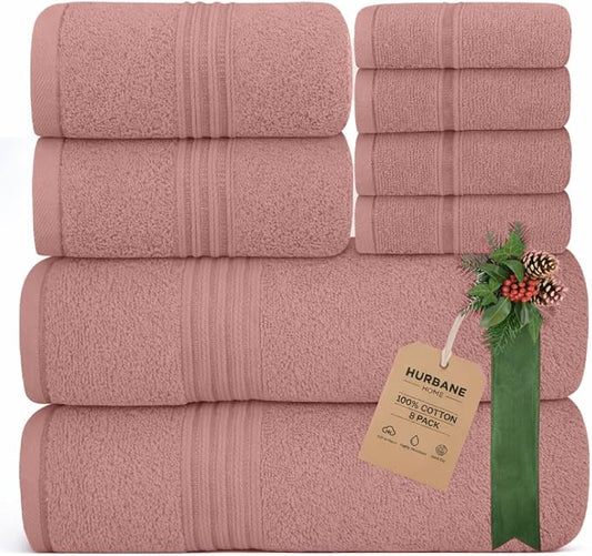 8 Piece Bath Towels for Bathroom - 100% Cotton, Soft Absorbent Bathroom Towels Set - 2 Extra Large Bath Towels, 2 Hand Towels & 4 Washcloths - Hotel Spa Thick Plush Towel, Rose Tan