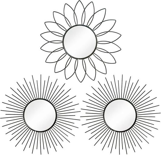 3 Pack Metal Mirrors for Wall Sunburst Wall Mirrors Home Décor Decorative Hanging Wall Art for Living Room Bedroom Entryway (Black2, Flower+Sunburst)