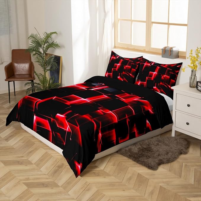 Erosebridal Red and Black Geometric Duvet Cover Twin Size Modern 3D Stereoscopic Square Bedding Sets, Gradient Neon Honeycomb Bed Set 2 Pieces for All Season