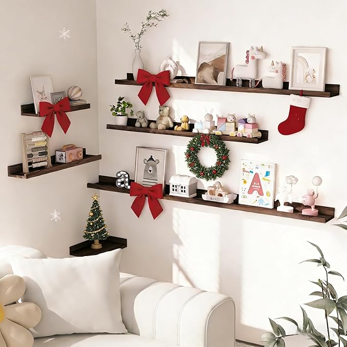 Heimlove Picture Ledge Shelf, Small Floating Shelves Set of 2, 16 Inches Picture Shelf for Wall with Ledge, Kids Bookshelf Wall Mounted for Living Room Bedroom Decor Books Photo Frames, Walnut