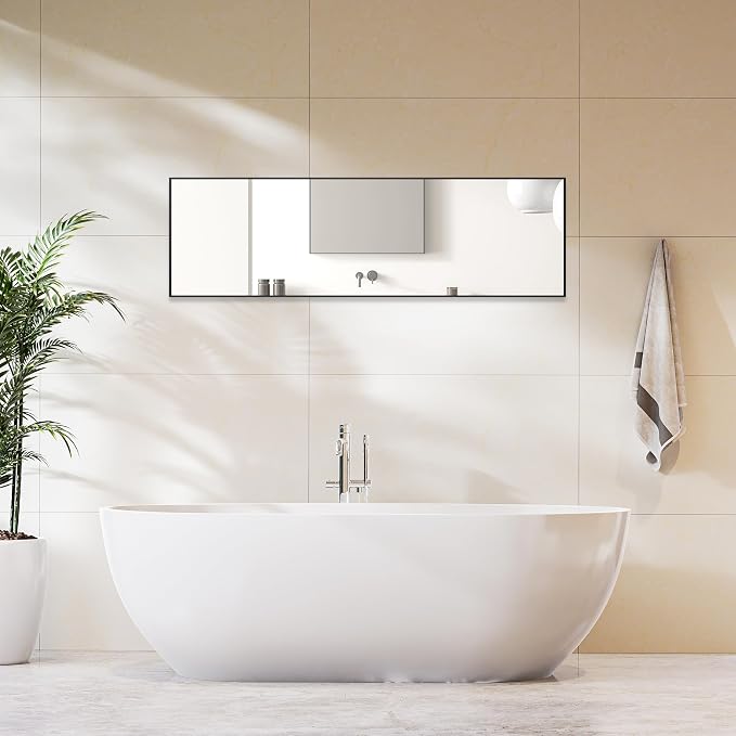 OLIXIS Black Full Length Mirror 15"x56" for Bedroom, Full Body Floor Mirror with Stand, Hanging or Leaning for Wall, Aluminum Alloy Thin Frame Floor Standing for Living Room, Long