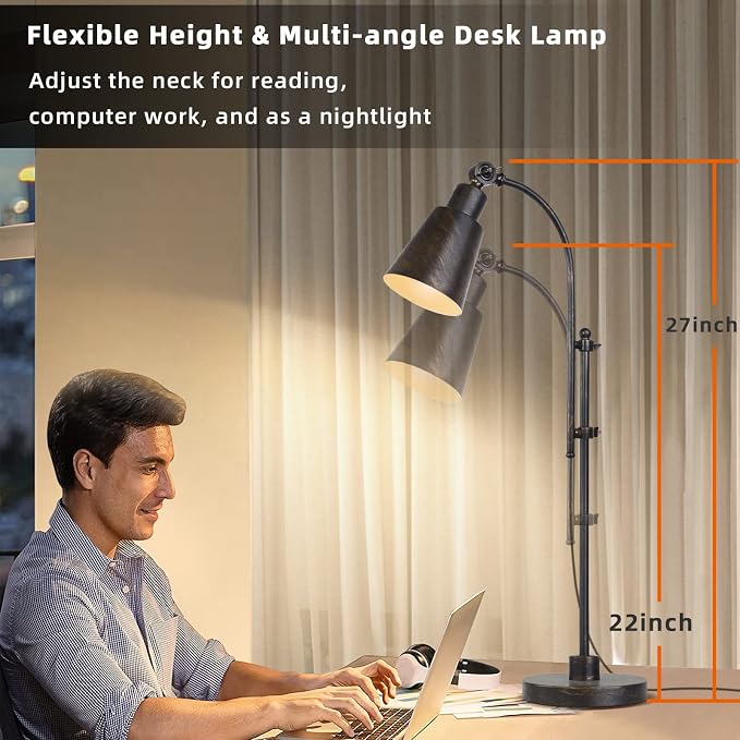 LALISU Metal Desk Lamp Rustic Task Lamp Black Adjustable, Industrial Style Lamp with On/Off Switch, Vintage Work Reading Lamp for Bedroom, Study Room &Office, ETL Certificate. (Black)