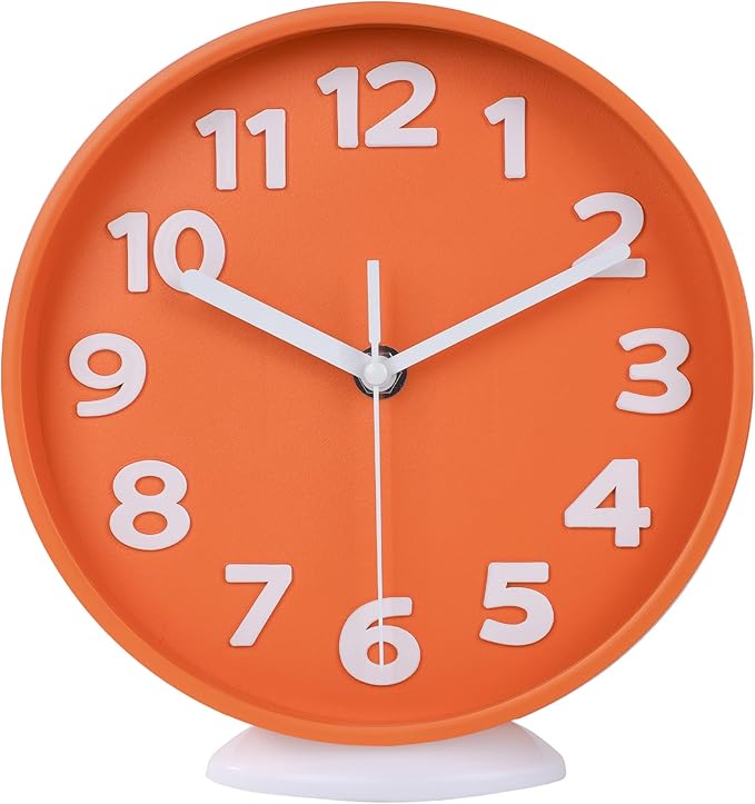 JENLYSTIME 8 Inch Vibrant Orange Modern Wall Clock – Silent Non-Ticking, Bold 3D Numbers, Precise Quartz Movement | Decorative Desk & Wall Clock with Stand for Home, Kitchen, Bedroom, or Office