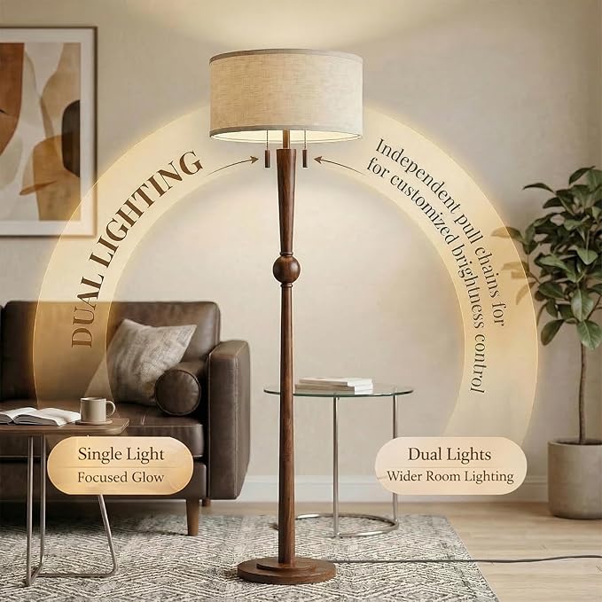 MOFFE 62.8" Solid Wood Floor Lamp,Tall Standing Floor Lamp with 2-Light Pull Chain, 17" Linen Drum Shade, Sculptural Wood Base & Stem,Transitional Floor Lamp for Living Room Bedroom, Includes 2 Bulbs