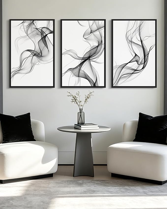 KUVIOKE Black White Abstract Framed Canvas Wall Art Ink Wash Pastel Wall Decor Modern Transparent Fog Illustration Art Painting for Bedroom Dining Room 24x36in (Black Framed)