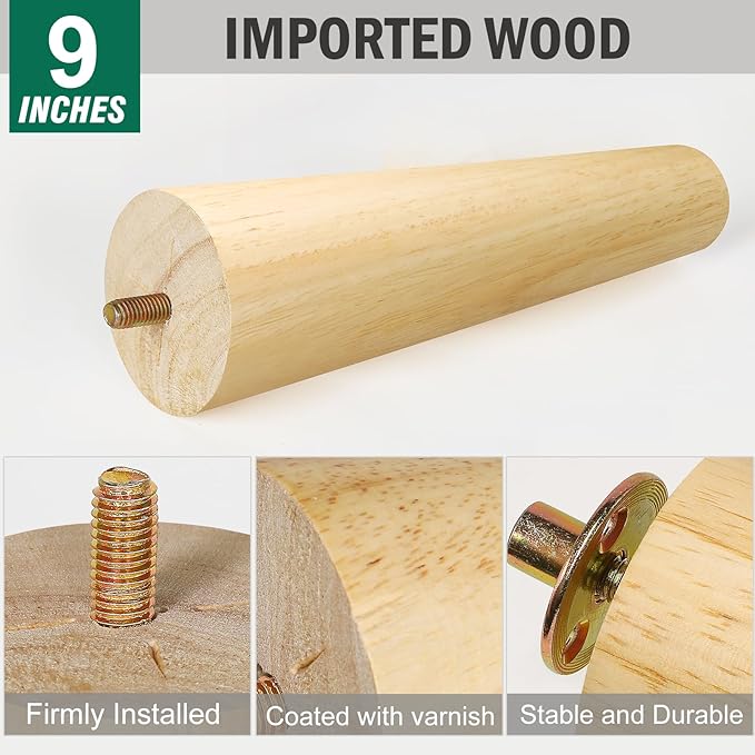 FoDau770 Rubber Wood Furniture Legs 9 Inches, Straight Tapered Wood Feet Mid Century Sofa Legs Set of 4, 5/16" UNC Furniture Feet Replacement Parts for Cabinet Couch Dresser Chair Ottoman Table
