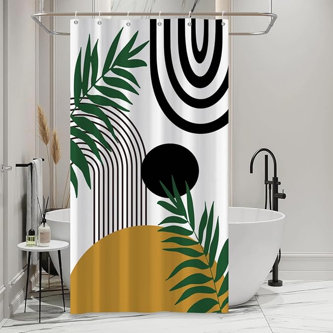 Boho Mid Century Shower Curtain Bohemian Abstract Modern Sun Bathroom Curtain Geometric Arch Curve Leaves Polyester Shower Curtain Sets for Bathroom Extra Long 54x72 in with 10 Hooks