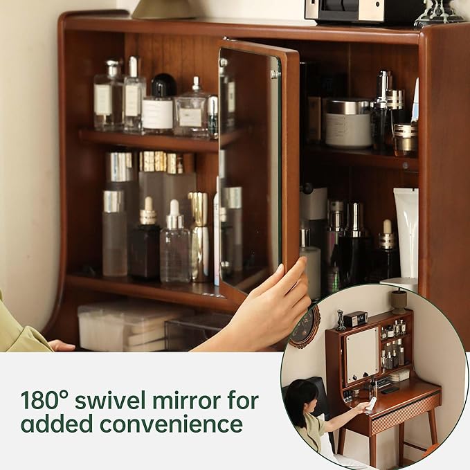 YESWOOD Small Vanity Desk with Mirror, Solid Wood Dressing Table, Movable Drawer Divider, 180° Swivel Make-up Mirror Dressing Desk for Bedroom, Teak Color, 33" D x 16.5" W x 50" H
