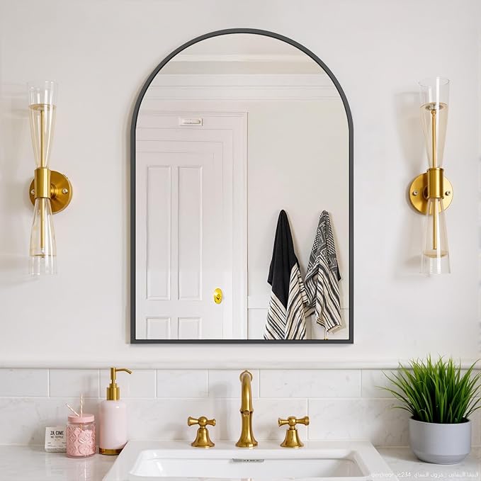 Bathroom Mirror for Wall, 30x20 Inch Arched Mirror, Matte Black Metal Framed Bathroom Vanity Mirrors for Restroom Farmhouse, Anti-Rust, Tempered Glass, Hanging or Leaning