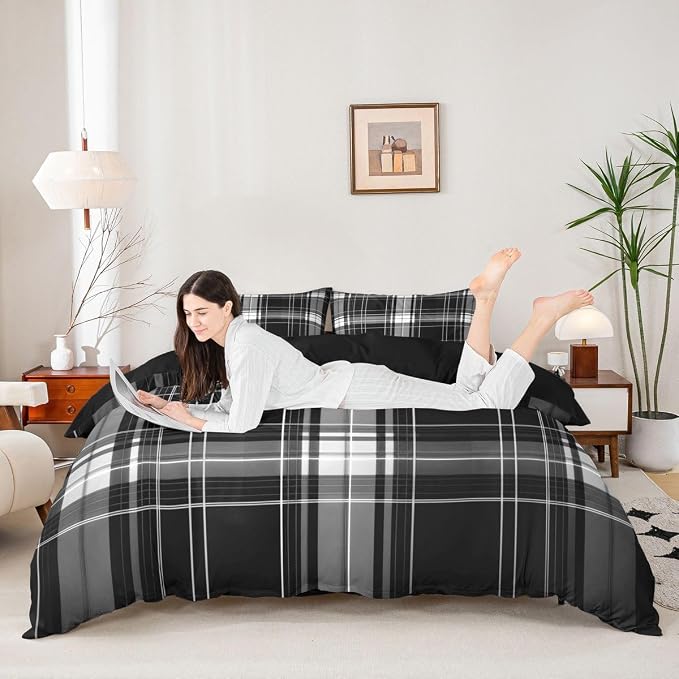 Erosebridal Boys Girls Plaid Bedding Set Full Black Grey Checkered Duvet Cover for Kids Teens Buffalo Grid Stripes Comforter Cover Modern Geometric Bed Set with Zipper