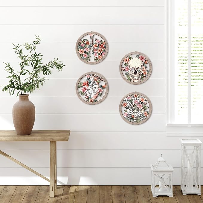 HPNIUB Medical Human Anatomy Wall Decor, Farmhouse Medical Anatomical Hanging Wooden Wall Art, 4 Pieces 9.84''x9.84'' Pink Floral Heart Skull Anatomy Wood Sign for Nursing Doctor Room Living Room