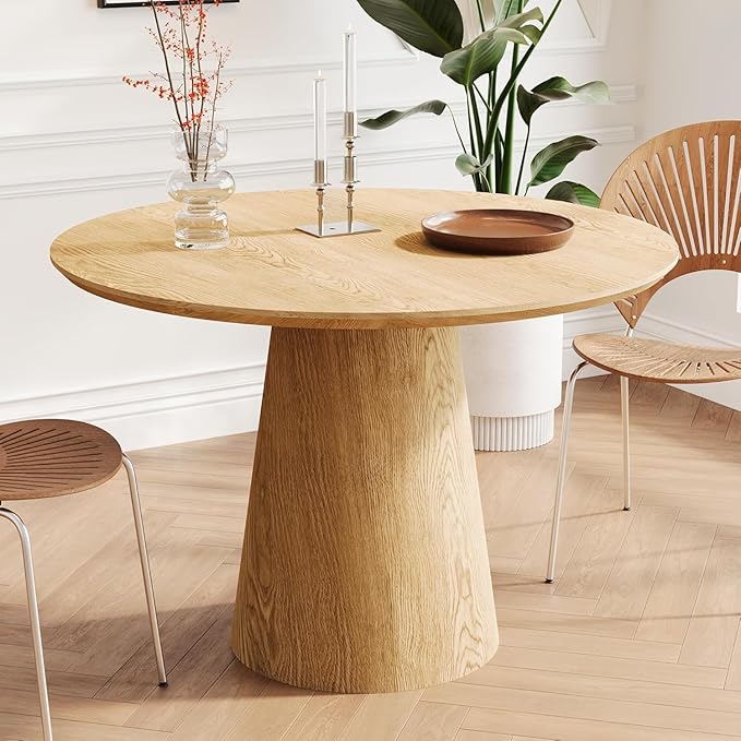 Farmhouse Round Dining Table for 4-5, 43" Round Wooden Kitchen Table with MDF Table Top Pedestal Base,Mid Century Modern Minimalist Dining Table for Dining Room Kitchen Living Room Small Space Oak
