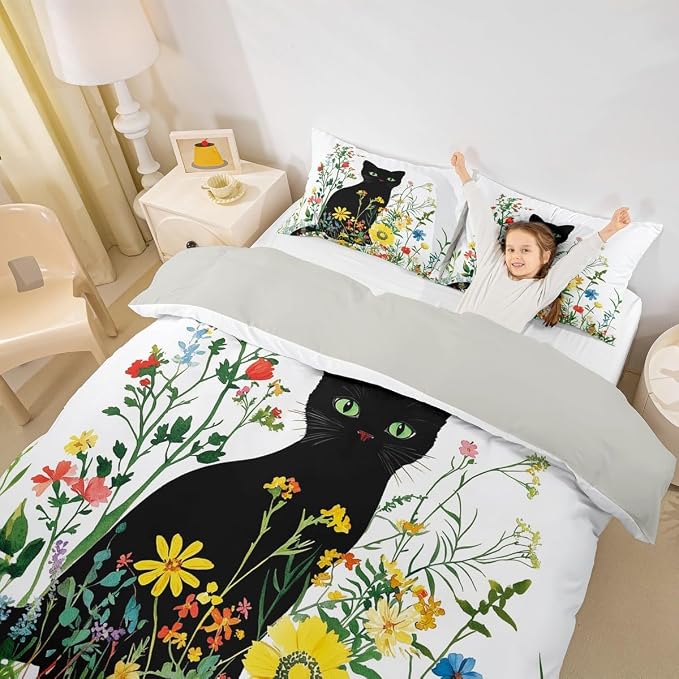 Erosebridal Cute Cat Bedding Set King Vintage Flowers Duvet Cover Colorful Floral Garden Comforter Cover for Kids Girls Boys Adults Elegant Chic Animal Bed Set
