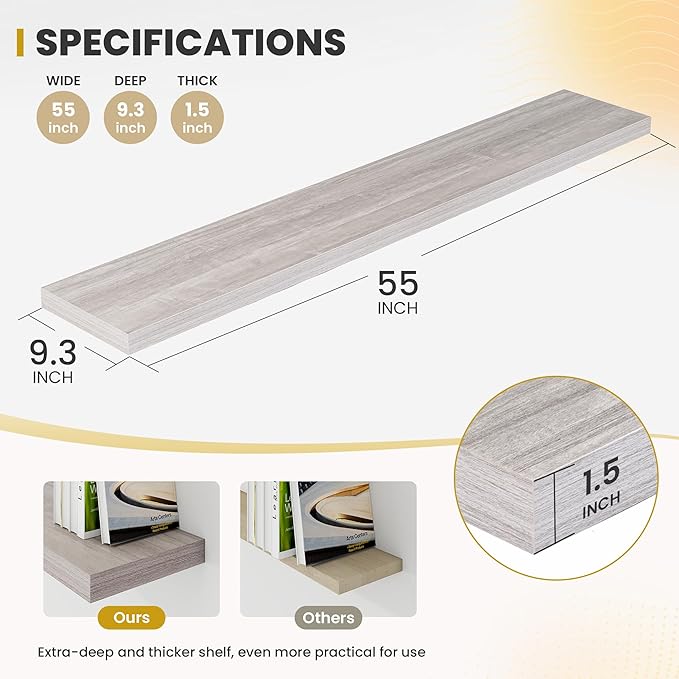 55 Inch Floating Shelves, 9.3" Deep Floating Shelf Wall Mounted, 56" Wall Shelves, Rustic Deep Bookshelf, Large Display Shelves & Storage Shelves for Bedroom, Living Room, Grey, Set of 2