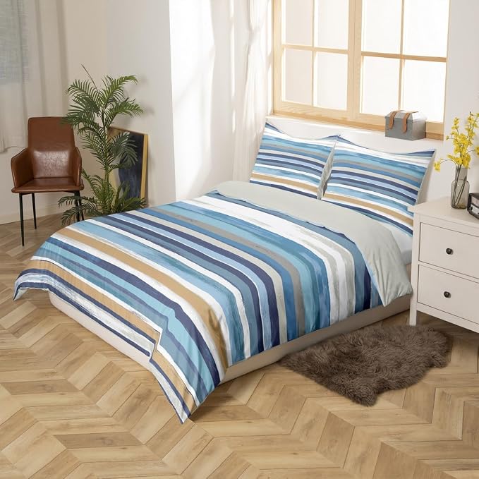 Erosebridal Brown Navy Beige Bed Set White Teal Grey Duvet Cover, Aesthetic Striped Bedding Set Full Wave Line Comforter Cover, Grunge Minimalism Bed Cover Lightweight (Zipper Closure)