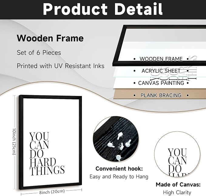 Office Inspirational Wall Art Decor Motivational Quotes Canvas Wall Art Positive Classroom Posters Pictures Office Inspirational Work Artwork for Women Home Bedroom 8x10 Inch Wood Framed Set of 6