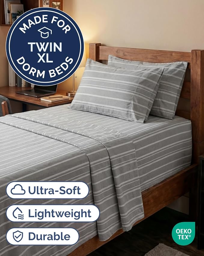 Extra Deep Twin XL Sheet Set - 4 Piece College Dorm Bed Sheets Set with Extra Deep Pockets - Ultra-Soft, Comfy & Breathable Bedding for Women, Men, Kids & Teens - Wrinkle & Fade Free - Grey Stripes 3