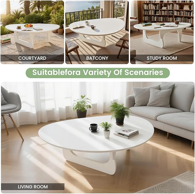 Solid Wooden Modern Triangle Coffee Table: Unique Funky Coffee Tables for Living Room, Oval Mid-Century Irregular Abstract Tea Tables for Patio Office Balcony Bedroom (White, 33" L x 24" W x 16" H)