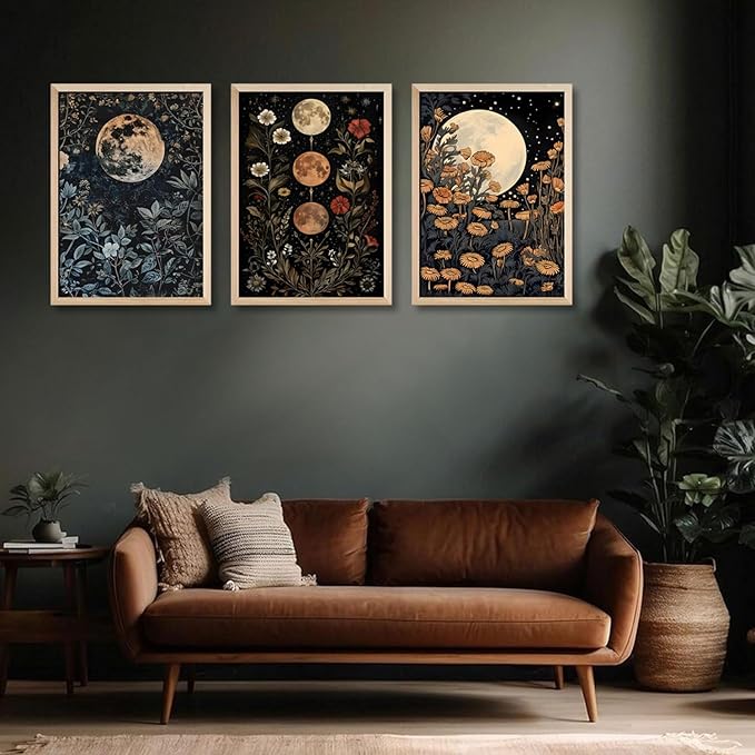 3Pcs Framed Moon Phase Plant Wall Art Canvas Retro Moon Flower Decoration Print Poster Picture Celestial Aesthetic Wall Printing Artwork Bedroom Living Room Office 16x24 Inche